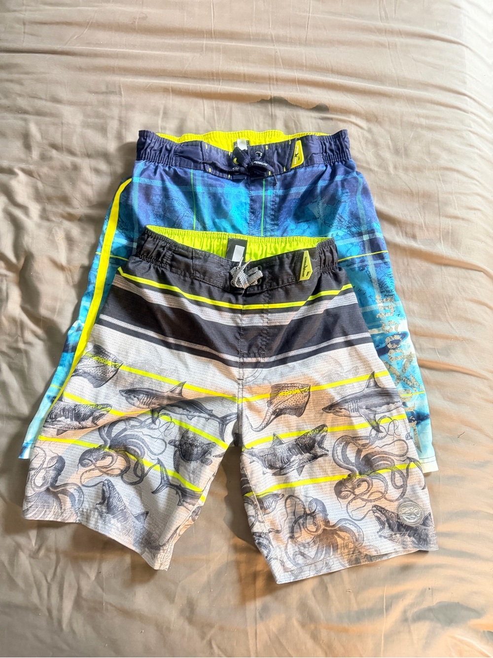 Boys Blue and Neon Yellow Ocean-Print Swim Trunks